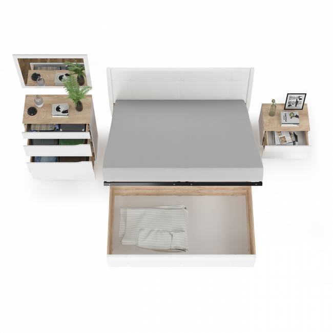 Кровать с подъёмным ортопедом Муссон 1600 с тумбочкой и комодом с зеркалом СВК цвет белый/дуб эндгрейн элегантный/кожзам белый