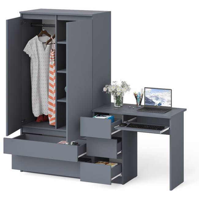 Стол компьютерный с тремя ящиками слева и шкаф-комод МШ900 три ящика и две двери Мори цвет графит