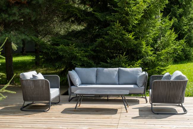 "Багамы" лаунж-зона 5-местная плетеная из роупа (веревки), каркас алюминиевый темно-серый, роуп серый "Багамы" лаунж-зона 5-местная плетеная из роупа (веревки), каркас алюминиевый темно-серый, роуп серый