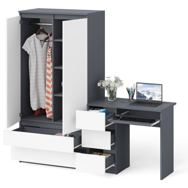 Стол компьютерный с тремя ящиками слева и шкаф-комод МШ900 три ящика и две двери Мори цвет графит/белый