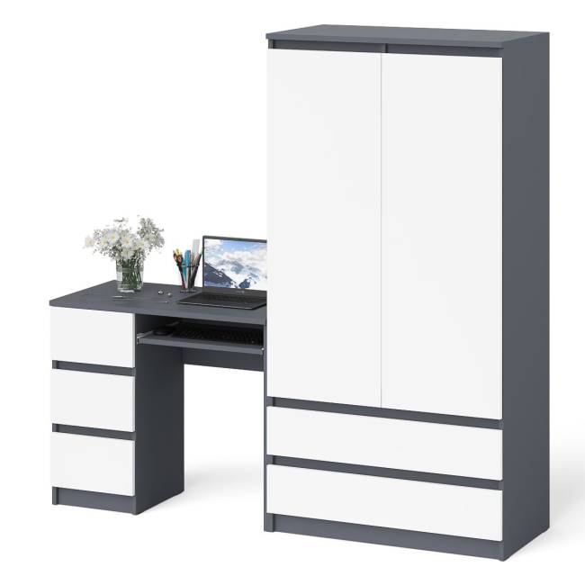 Стол компьютерный с тремя ящиками слева и шкаф-комод МШ900 три ящика и две двери Мори цвет графит/белый