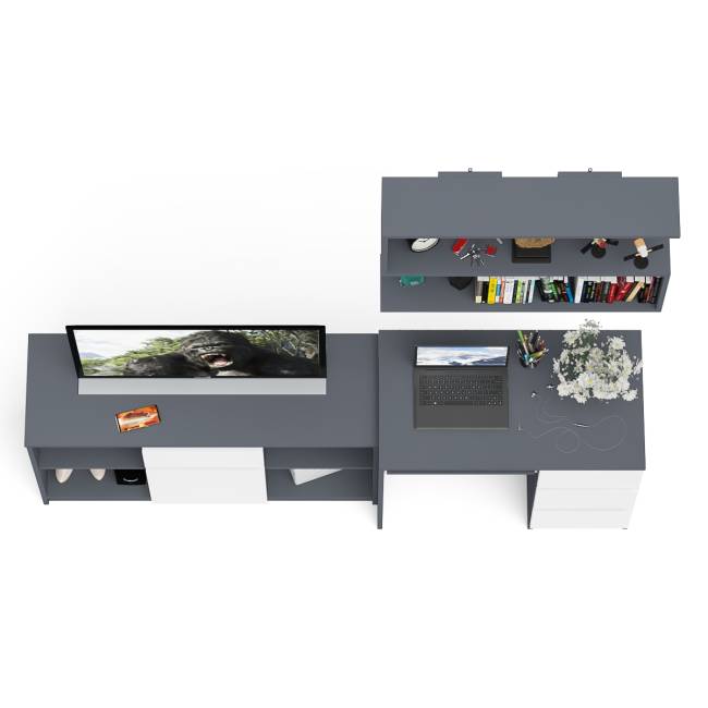 Стол компьютерный три правых выдвижных ящика Мори МС-6 с верхней полкой и тумбой 1204 цвет графит/белый