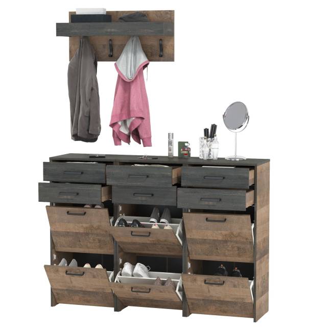 Три обувницы с ящиками и вешалка с крючками Трувор цвет дуб гранж песочный/интра