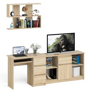 Стол компьютерный три правых выдвижных ящика Мори МС-6 с верхней полкой и тумбой 1204 цвет дуб сонома