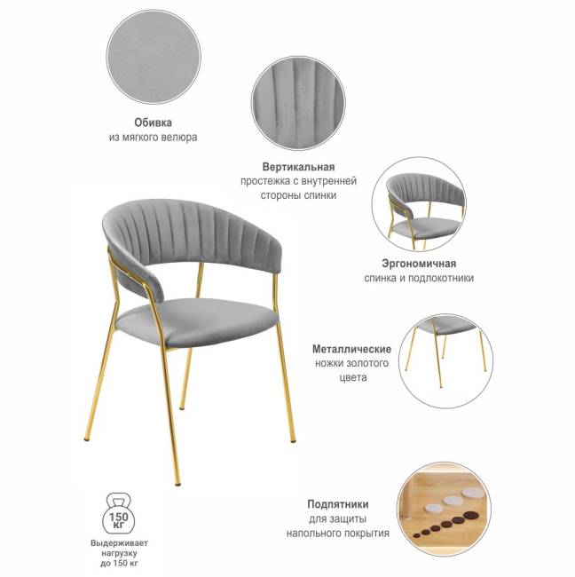 Комплект из 4-х стульев Turin серый, золотые ножки