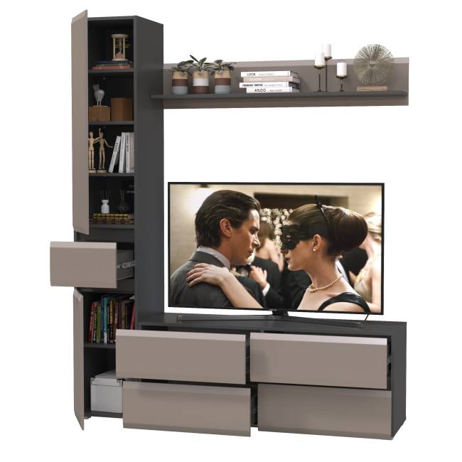 Сидней ТВ-тумба с верхней полкой и пеналом с ящиком цвет антрацит/МДФ веллюто капучино