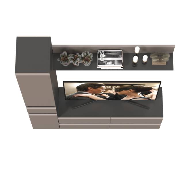 Сидней ТВ-тумба с верхней полкой и пеналом с ящиком цвет антрацит/МДФ веллюто капучино