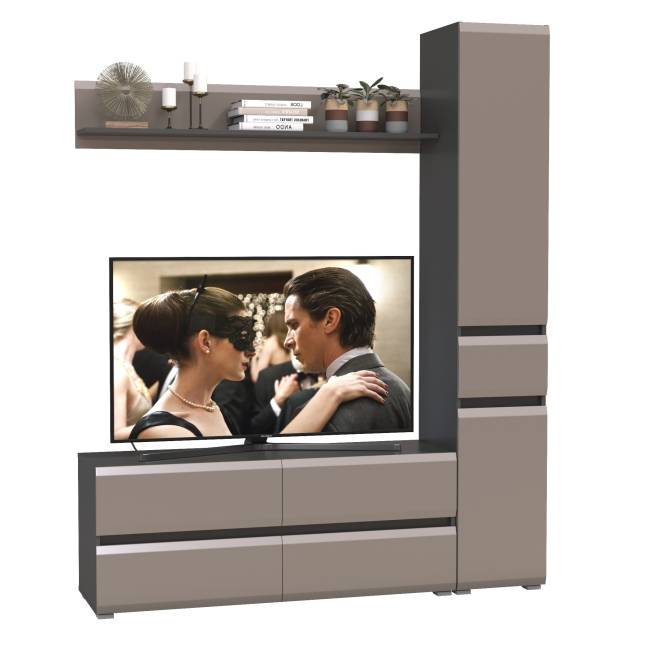 Сидней ТВ-тумба с верхней полкой и пеналом с ящиком цвет антрацит/МДФ веллюто капучино