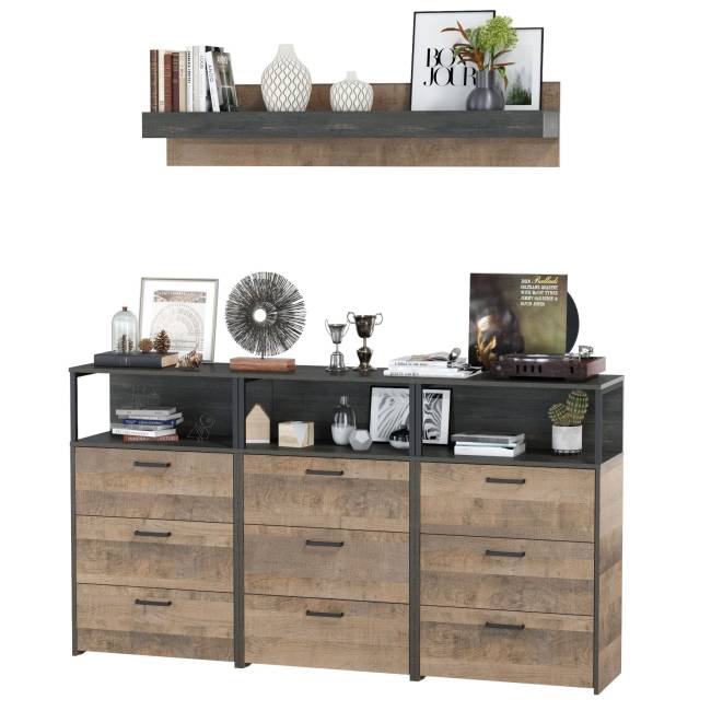 Три комода с ящиками и верхняя навесная полка Трувор цвет дуб гранж песочный/интра