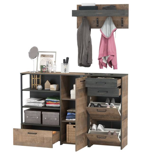 Комод с тумбой для обуви с ящиками и вешалкой для верхней одежды Трувор цвет дуб гранж песочный/интра