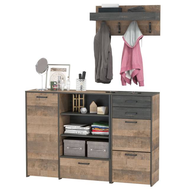 Комод с тумбой для обуви с ящиками и вешалкой для верхней одежды Трувор цвет дуб гранж песочный/интра