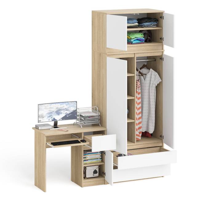 Стол компьютерный МС-1 правый со шкафом на 900 с антресолью Мори цвет дуб сонома/белый