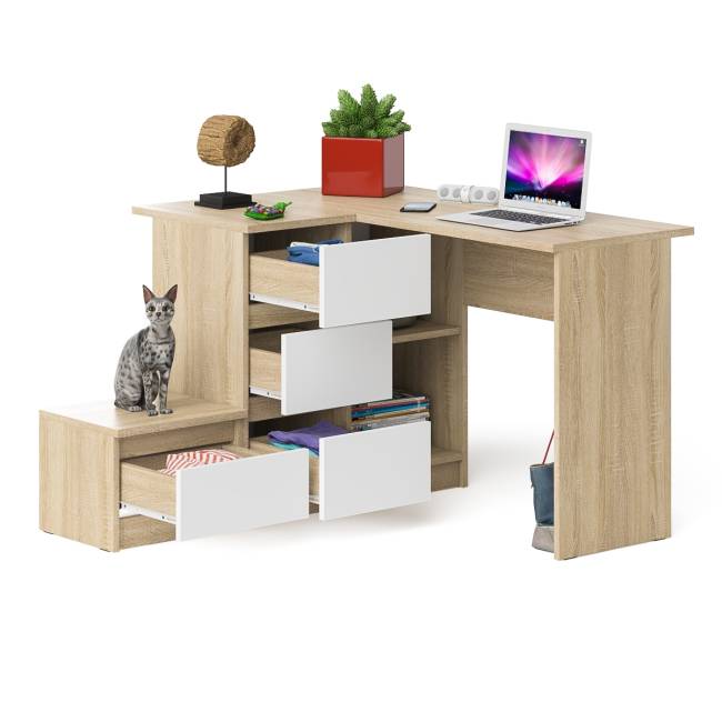 Компьютерный стол угловой Мори МС-16 левый и тумбочка на 400 цвет дуб сонома/белый