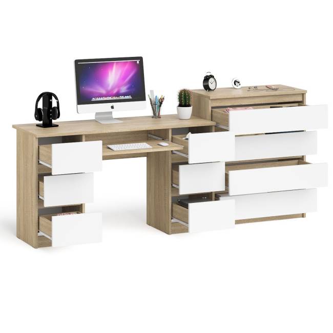 Комод 800 4-ре ящика Мори и двухтумбовый компьютерный стол МС-2 цвет дуб сонома/белый