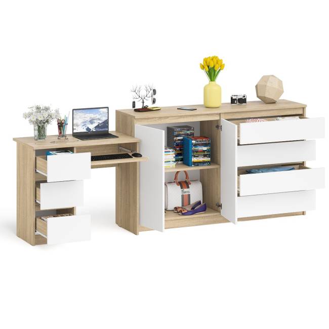 Тумба-комод Мори МК1600.1 и компьютерный стол МС-6 тумба левый цвет дуб сонома/белый