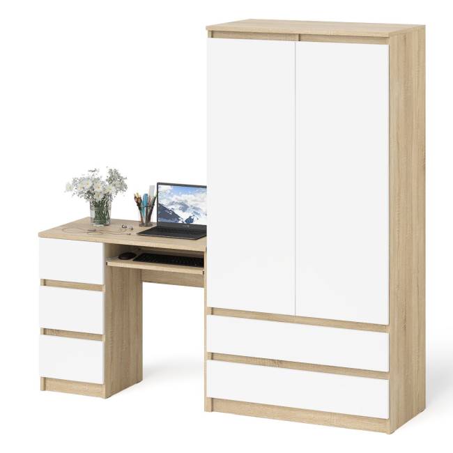 Стол компьютерный с тремя ящиками слева и шкаф-комод МШ900 три ящика и две двери Мори цвет дуб сонома/белый