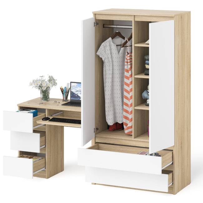 Стол компьютерный с тремя ящиками слева и шкаф-комод МШ900 три ящика и две двери Мори цвет дуб сонома/белый