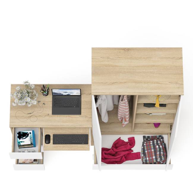 Стол компьютерный с тремя ящиками слева и шкаф-комод МШ900 три ящика и две двери Мори цвет дуб сонома/белый