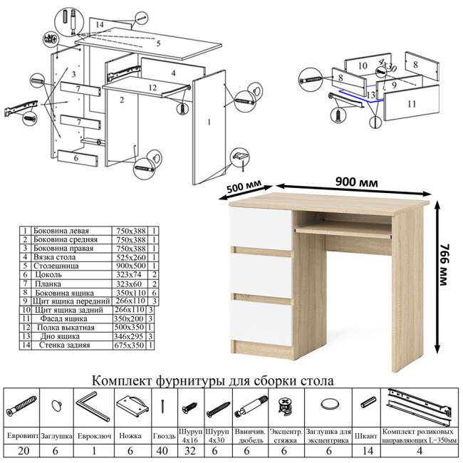 Стол компьютерный с тремя ящиками слева и шкаф-комод МШ900 три ящика и две двери Мори цвет дуб сонома/белый
