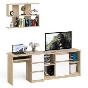 Стол компьютерный три правых выдвижных ящика Мори МС-6 с верхней полкой и тумбой 1204 цвет дуб сонома/белый