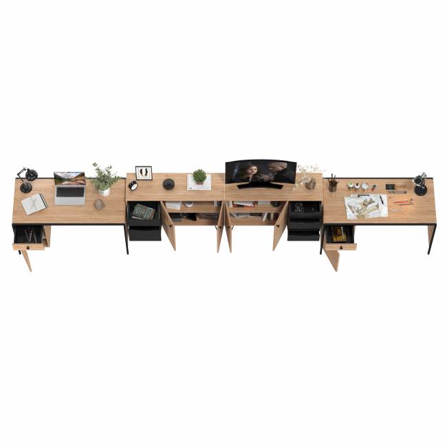 Место для работы и учёбы двоих людей Брюс из двух столов и двух комодов-тумб цвет чёрный/Battle rock Santiago/столешница МДФ ель карпатская