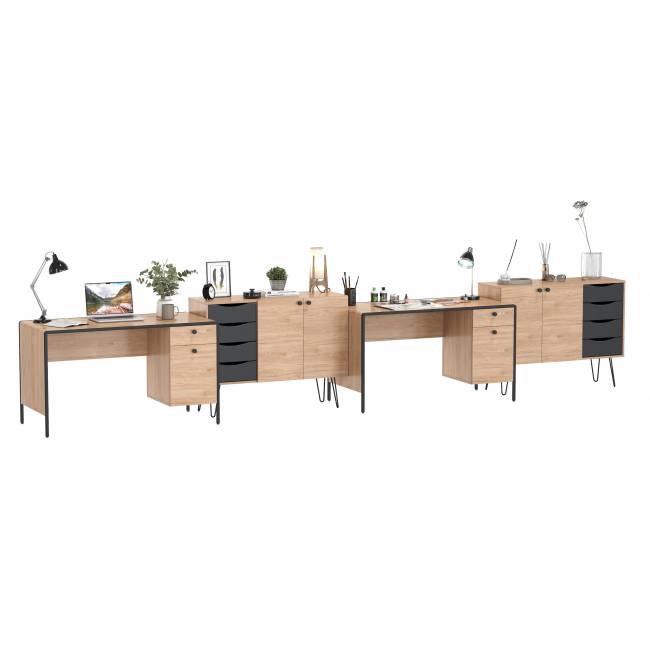 Место для работы и учёбы двоих людей Брюс из двух столов и двух комодов-тумб цвет чёрный/Battle rock Santiago/столешница МДФ ель карпатская