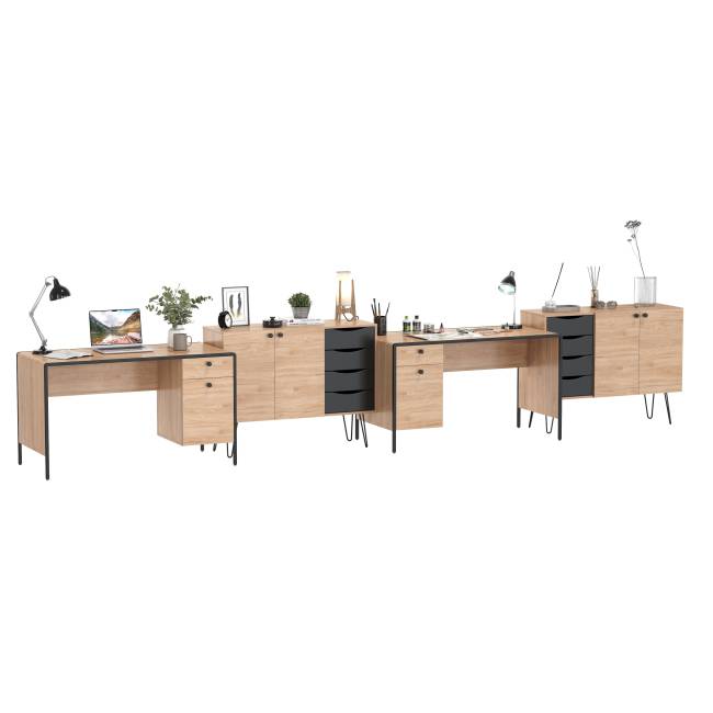 Место для работы и учёбы двоих людей Брюс из двух столов и двух комодов-тумб цвет чёрный/Battle rock Santiago/столешница МДФ ель карпатская