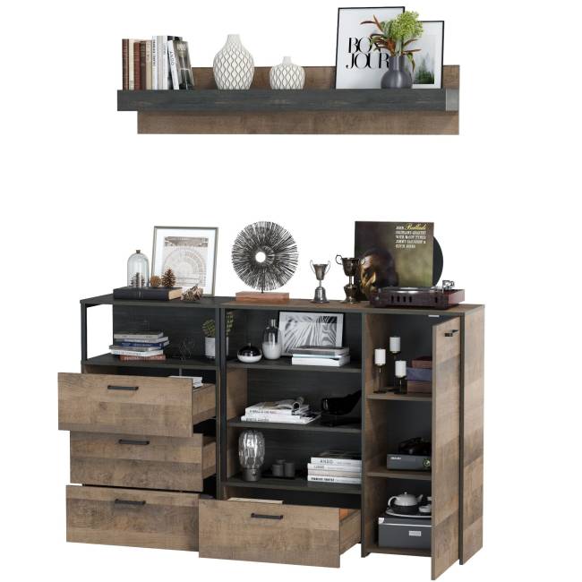 Комод с дверкой и комод с ящиками с навесной полкой Трувор цвет дуб гранж песочный/интра