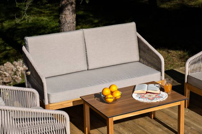 "Канны" диван 2-местный плетеный из роупа, основание дуб, роуп бежевый круглый, ткань бежевая 15052