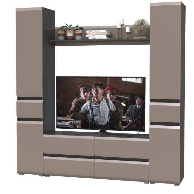 Сидней тумба для аппаратуры с двумя пеналами с ящиком и верхней полочкой цвет антрацит/МДФ веллюто капучино