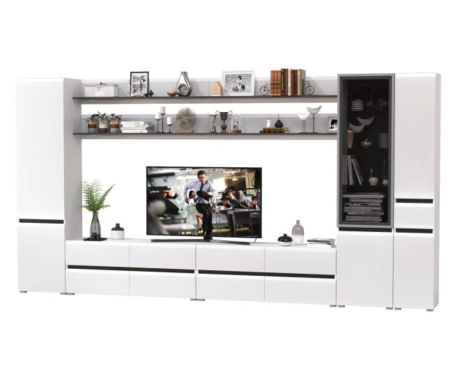 Стенка в гостиную модульная Сидней комплектация № 115 цвет белый/чёрный/МДФ белый глянец