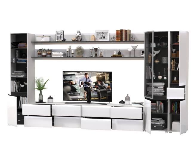 Стенка в гостиную модульная Сидней комплектация № 115 цвет белый/чёрный/МДФ белый глянец