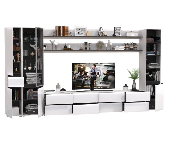 Стенка в гостиную модульная Сидней комплектация № 115 цвет белый/чёрный/МДФ белый глянец