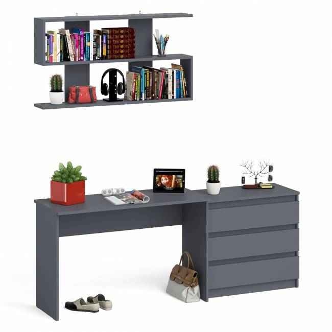 Комод три ящика Мори 800 с письменным столом 1200 и навесной полкой 1200 цвет графит