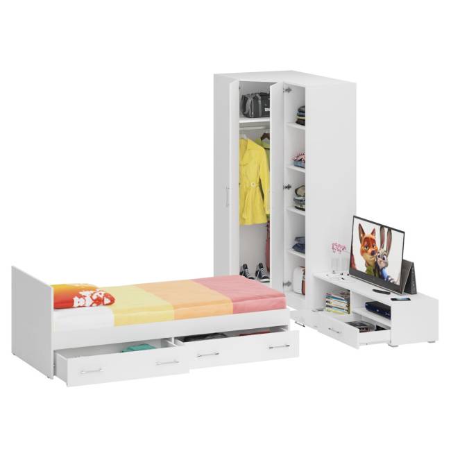 Мебель для спальни белая Стандарт № 4 с кроватью 900 с ящиками цвет белый/фасады ТВ тумбы МДФ белый глянец
