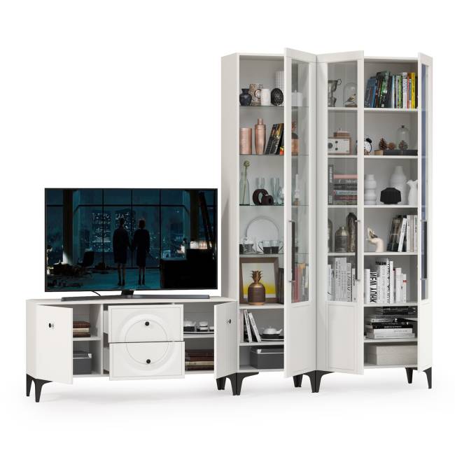 Широкий сервант с ТВ-тумбой Валенсия цвет белый шагрень