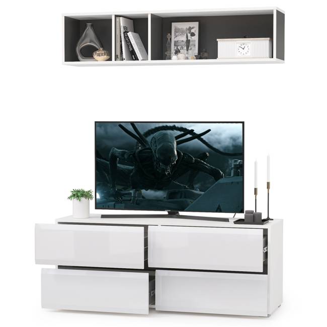 ТВ тумба Сидней с полкой цвет белый/чёрный/фасады МДФ белый глянец