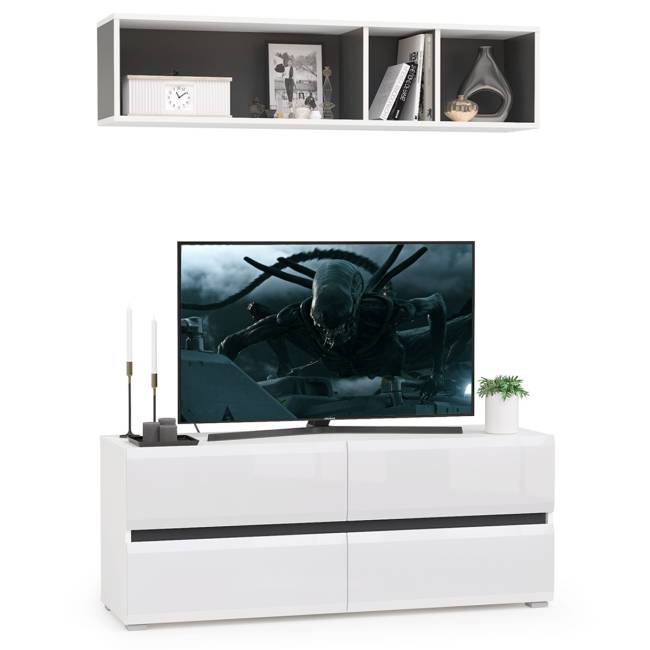 ТВ тумба Сидней с полкой цвет белый/чёрный/фасады МДФ белый глянец