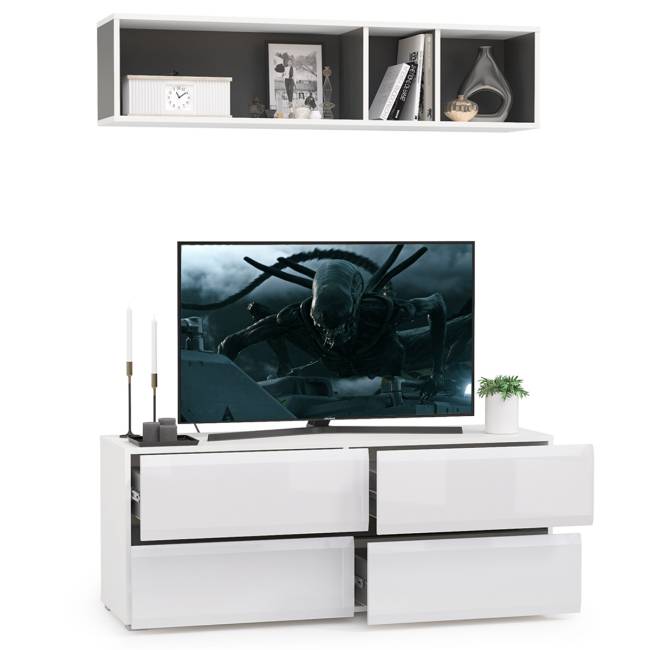 ТВ тумба Сидней с полкой цвет белый/чёрный/фасады МДФ белый глянец
