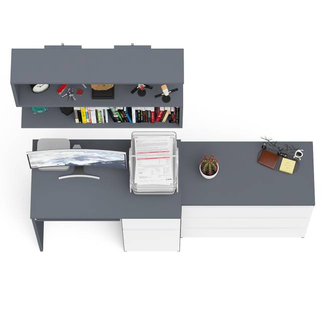 Комод три ящика МК800.1 с компьютерным столом Мори МС-1 правый и навесной полкой 900 цвет графит/белый