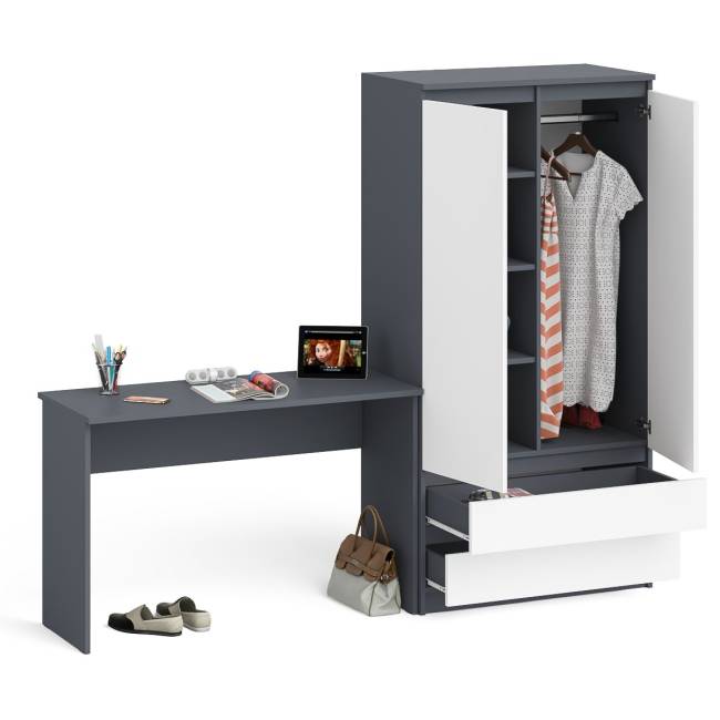 Шкаф с ящиками и дверками Мори 900.1 с письменным столом 1200.1 цвет графит/белый