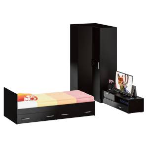 Мебель для спальни Стандарт № 4 с кроватью 900 с ящиками цвет венге/фасады ТВ тумбы МДФ чёрный глянец