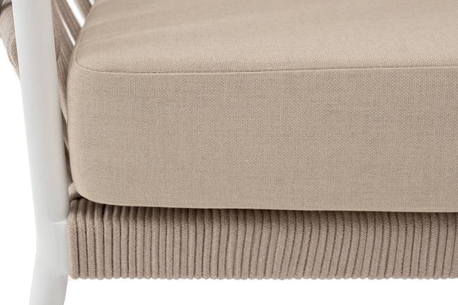 "Диего" кресло плетеное из роупа, каркас алюминий белый муар, роуп бежевый круглый, ткань бежевая 052 "Диего" кресло плетеное из роупа, каркас алюминий белый муар, роуп бежевый круглый, ткань бежевая 052