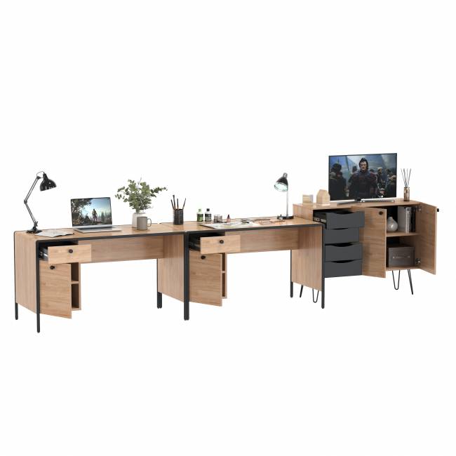 Рабочее место для двоих человек из двух письменных столов и комода Брюс цвет чёрный/Battle rock Santiago/столешница МДФ ель карпатская