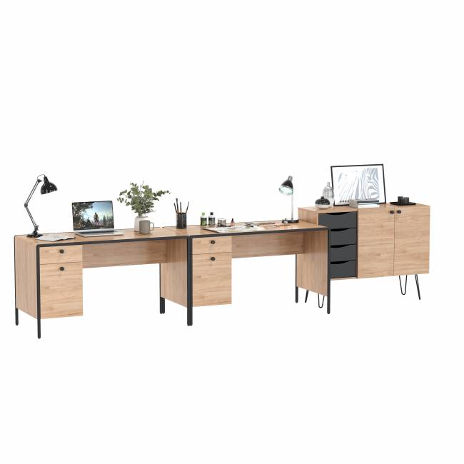 Рабочее место для двоих человек из двух письменных столов и комода Брюс цвет чёрный/Battle rock Santiago/столешница МДФ ель карпатская