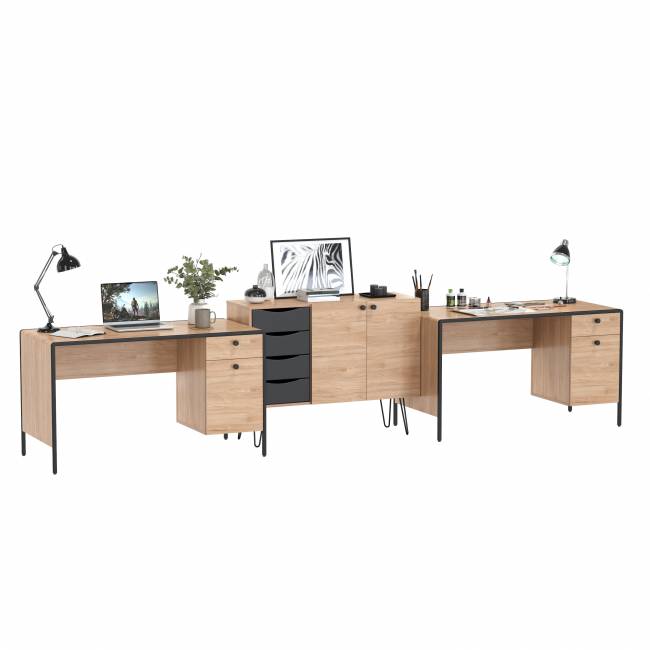 Рабочее место для двоих человек из двух письменных столов и комода Брюс цвет чёрный/Battle rock Santiago/столешница МДФ ель карпатская