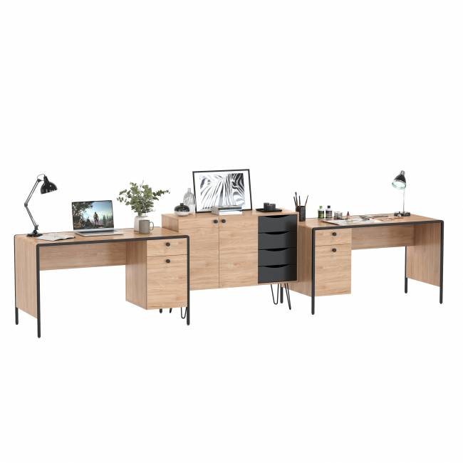 Рабочее место для двоих человек из двух письменных столов и комода Брюс цвет чёрный/Battle rock Santiago/столешница МДФ ель карпатская