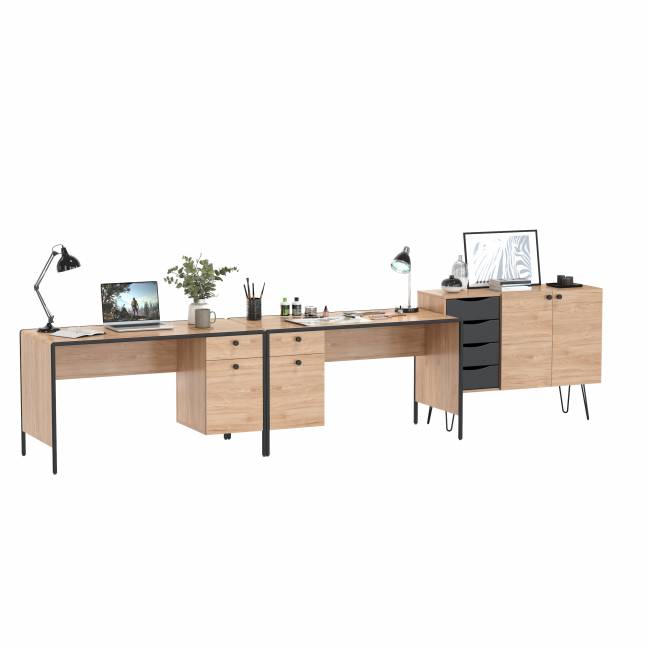 Рабочее место для двоих человек из двух письменных столов и комода Брюс цвет чёрный/Battle rock Santiago/столешница МДФ ель карпатская