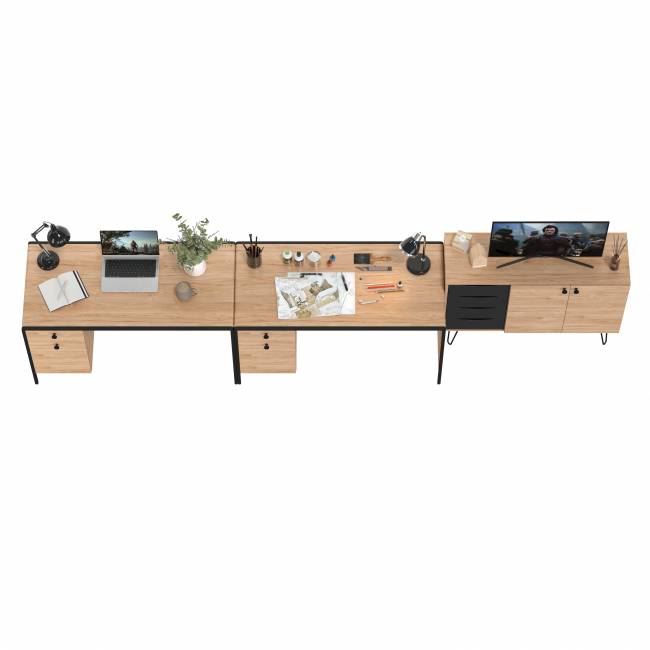 Рабочее место для двоих человек из двух письменных столов и комода Брюс цвет чёрный/Battle rock Santiago/столешница МДФ ель карпатская