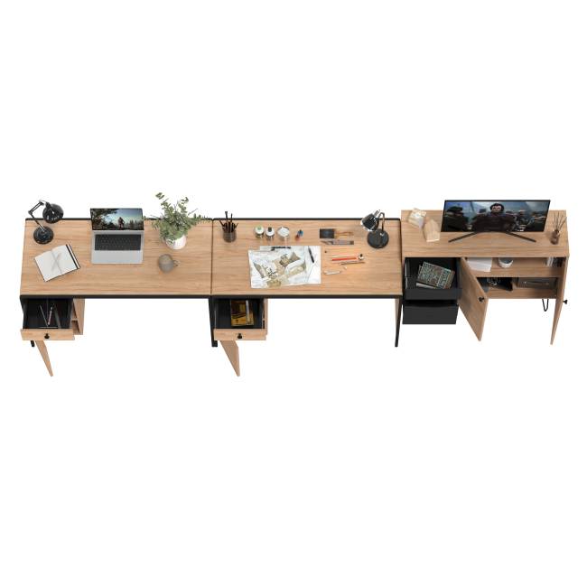 Рабочее место для двоих человек из двух письменных столов и комода Брюс цвет чёрный/Battle rock Santiago/столешница МДФ ель карпатская